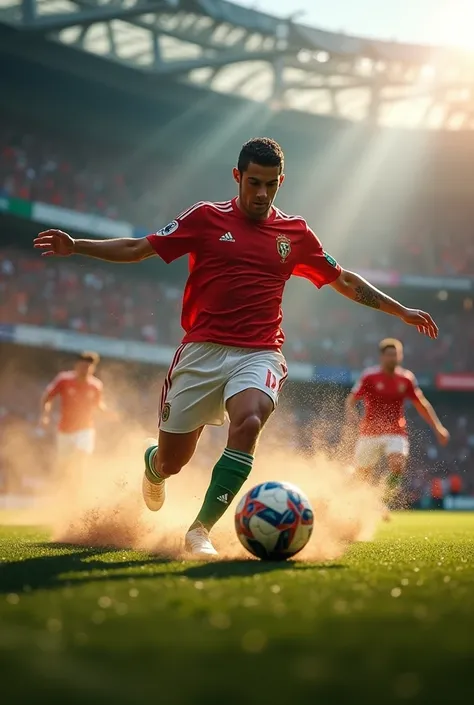 Cristiano Ronaldo  kicking the ball into the goal while blindfolded, emphasizing the dramatic action and vibrant stadium energy. 