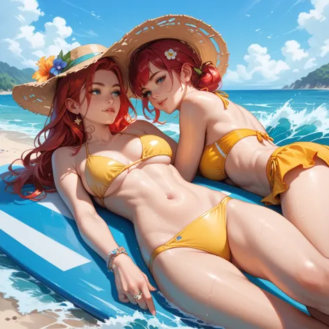 A sunny beach , with blue waves , with a woman sunbathing ,  wearing a hat , a yellow bikini , long red hair , with two other girls playing volleyball and a woman surfing