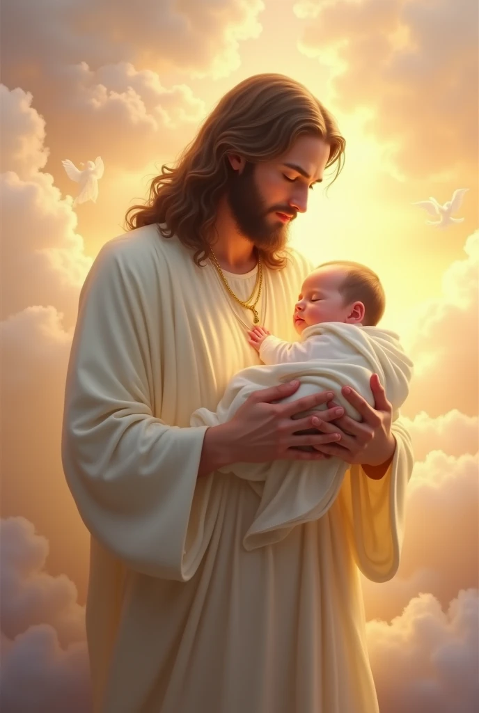 Jesus Christ with a serene and loving expression, dressed in a flowing white robe glowing softly with golden light, gently cradles a newborn baby in His arms. The baby, wrapped in a soft, white blanket, sleeps peacefully, radiating innocence and purity. Th...