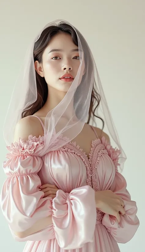 a close up of a woman in a pink dress on a bed, pink dress, sexy dress, beautiful silky dress, silk dress, stylish dress, dressed in a pink dress, fantasy dress, wearing a pink dress, translucent silky dress, rococo ruffles dress, romantic dress, mercury d...