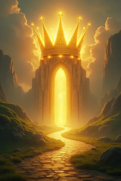 a path, At the end of the road you can see a large golden crown, bright and illuminated 