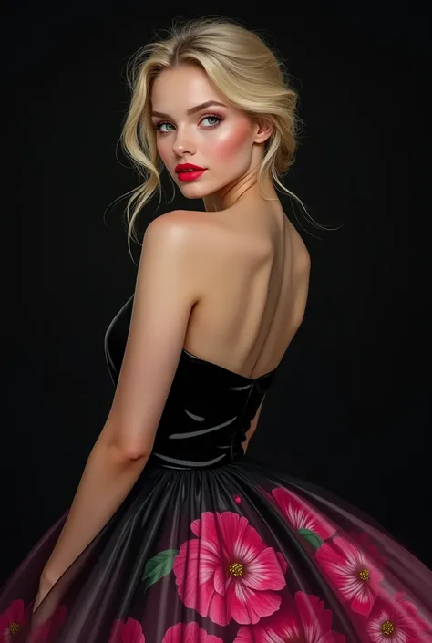 Blonde woman in long flowery dress. black and pink. red lipstick. greenish honey-colored eyes  