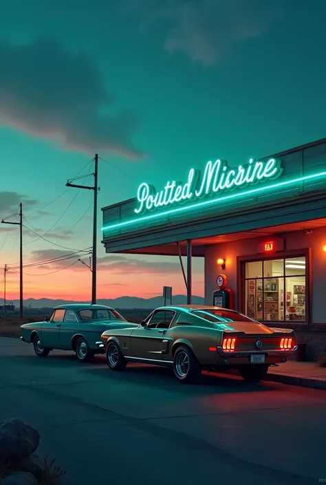  Create a horizontal picture .  It is a sunset almost dark with stars.  Next to an old American gas station  (Does turquoise glow neon which makes the picture more comfortable) Are a Mustang 67 and a Porsche 911 .  You can only see them from behind and the...