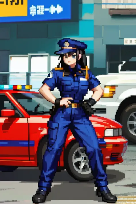 a woman with black hair, wearing police clothes in a police station from the 2000s.  with a full body.