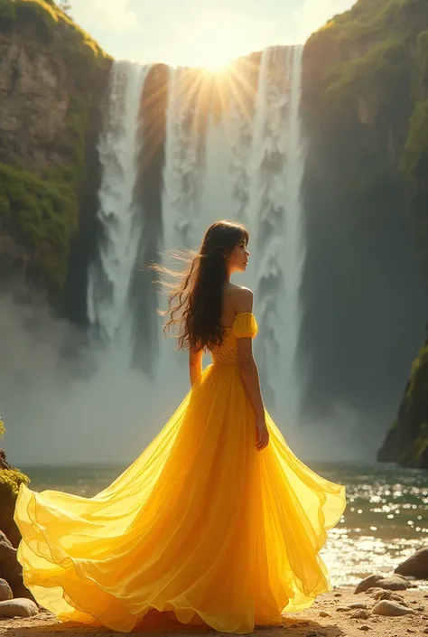 The light is shining on a cliff with a waterfall 。 A cute high school girl is wearing a yellow dress that looks like a yellow rose like a flamingo feather。It reflects light and shines brightly
It has a fantastic and mysterious atmosphere 。
It has a 
