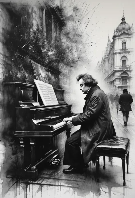 Charcoal drawing, crayon, black pencil drawing, pencil drawing, black and white drawing, graphite drawing, portrait, close-up, full body, Vienna; A large multicolored street panel of Ludwig van Beethoven playing the piano. portrait of Willem Henraets water...