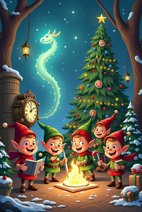 Create an image for the cover of a book of Magical Christmas Tales for ren +5 Christmas stories + dragon + Clock + elves + Tree + sword +Lights + jpg + caricature type