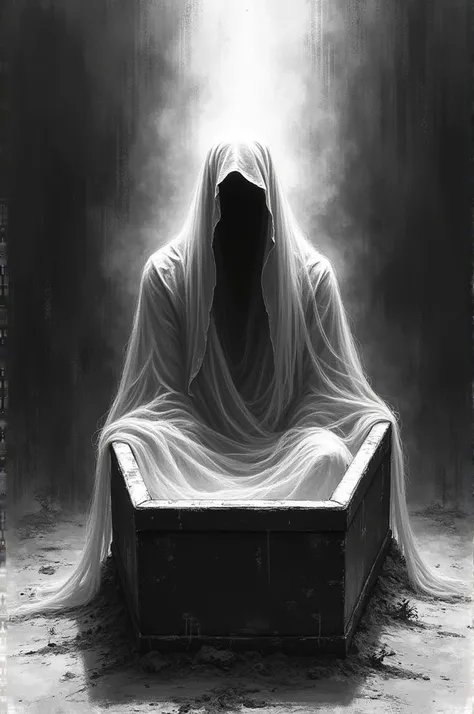 Black and white drawing of a seated ghost man coming out of his open coffin 