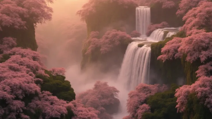 a waterfall heaven with sakura flower