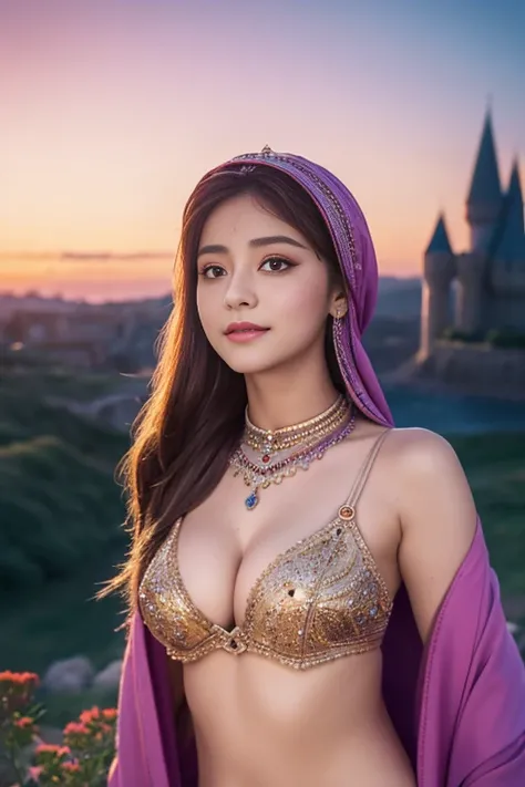 color, sky, flower, amazing, Fantasy, story,  measurements,Beautiful Hijab Details, Magical Faces ,Tzuyu loves Yooa ,Long eyelashes,Wearing a color bellydancer, Detail ,Colossal ,With gaps,  underboob , sideboob,Stare at the camera, Hogwarts