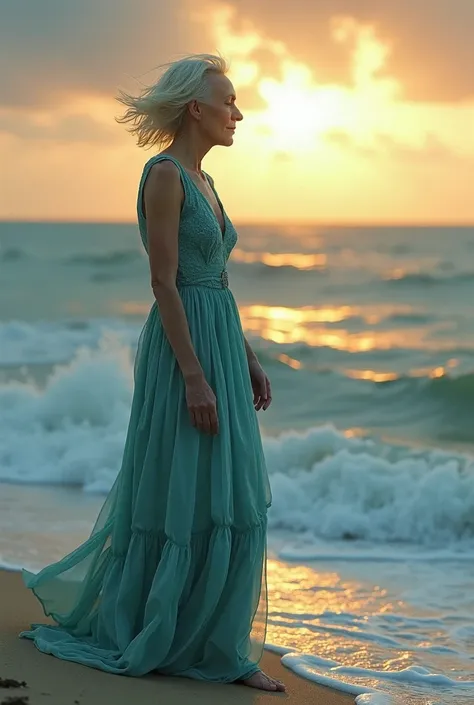 Old Sea Witch standing on the sand admiring the expanse of the sea as the salty water flows through her excessively pale and windy waves her short hair and her bright light blue dress that seemed to have scales at sunset