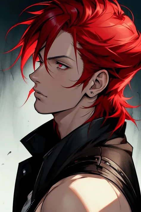 anime young man, red hair, dark eyes, emo aesthetic, attractive, side profile, looking up, dynamic lighting