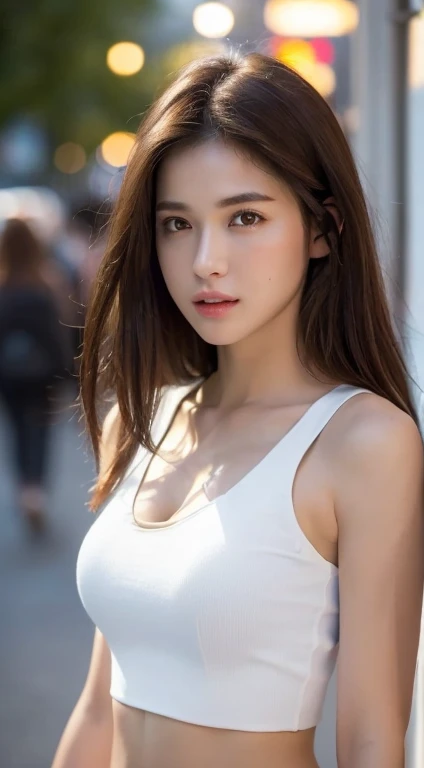 (( realistic lighting ,  best quality , 8k,  masterpiece: 1.3)), , clear focus : 1.2, 1 girl, , the perfect shape : 1.4,  slim belly : 1.1, (( dark brown hair )), ( White Sleeveless Top: 1.4), (outdoor, nighttime: 1.1), City streets,  very beautiful face, ...