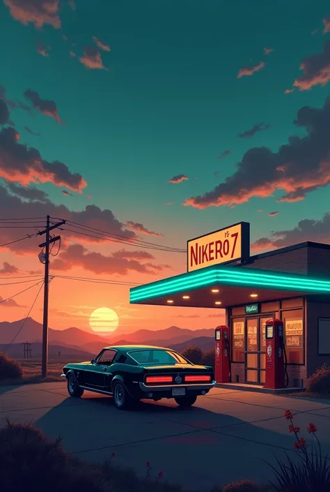  Create a horizontal picture . It is a sunset almost dark with a great night sky and the sun is on the horizon.  Next to an old American gas station called NikRo07 (Does turquoise glow neon which makes the picture more comfortable) Are a Mustang 67 .  You ...