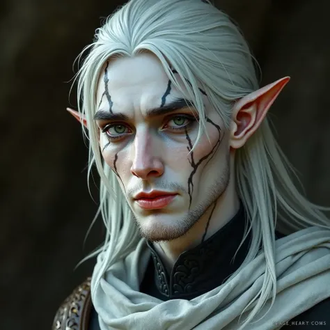 male elf cleric long white hair black veins on his face lies dead in a coffin with flowers