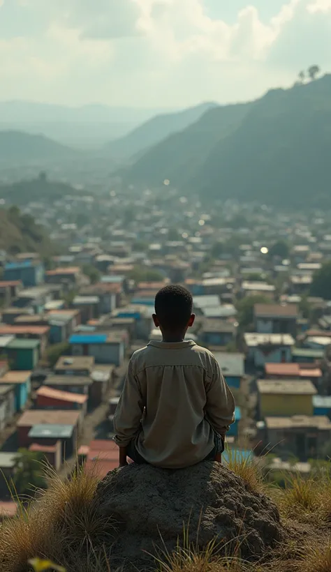 Black boy sitting on the hill looking at the favela 