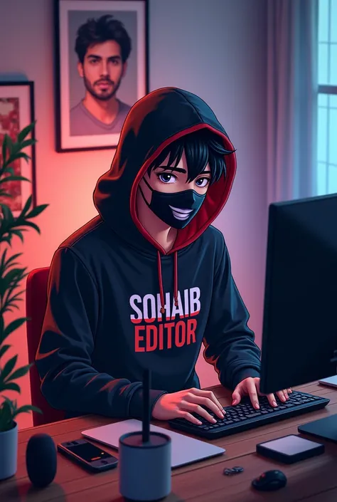 creaate a image of "a 18 year old anime boy" sitting in front of computer with a microphone and laftop wearing black and red hoodie with the channel name on it "sohaib editor" and his face on mask the background incloud a picture of imran khan on the wall ...