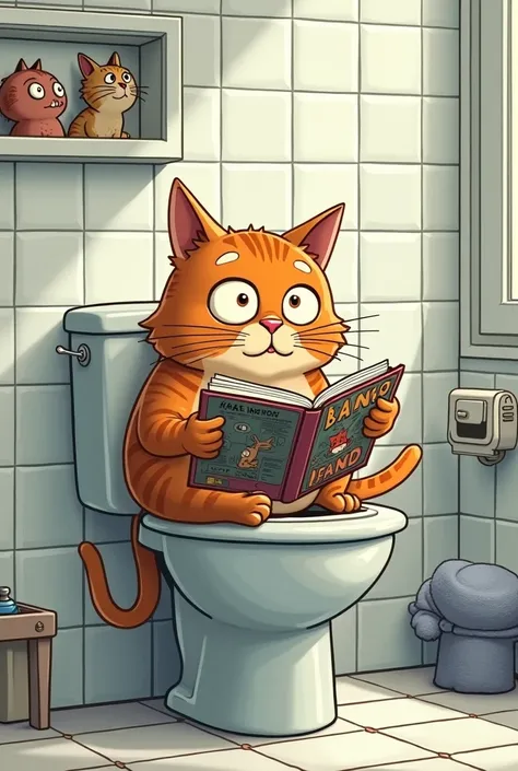 Photo de chat sur les toilettes avec une bande dessinée dans les mains