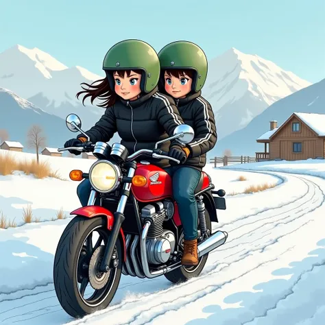  drawing of a couple on a red Honda CB 500 motorcycle with black details driving, The half-German guy with blue eyes and a helmet is a bit chubby and with blond hair,  and the woman with black hair loose in the wind cheeks chudwith brown eyes behind , stro...