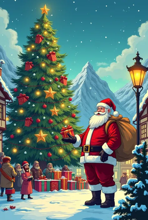 A traditional Santa Claus in front of a huge Christmas tree handing out presents in a wintery village in a comic 