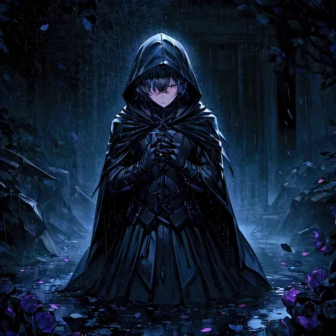 Rain of black petals on a dark night background, a hooded male figure of a boy 