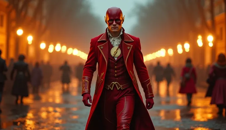  The Flash as if it were in the 18th century .  He wears an embroidered red coat and red leather boots , inspired by the fashion of the time .  He moves with super speed through smooth transitions and artistic blurs ,  while walking through a square illumi...