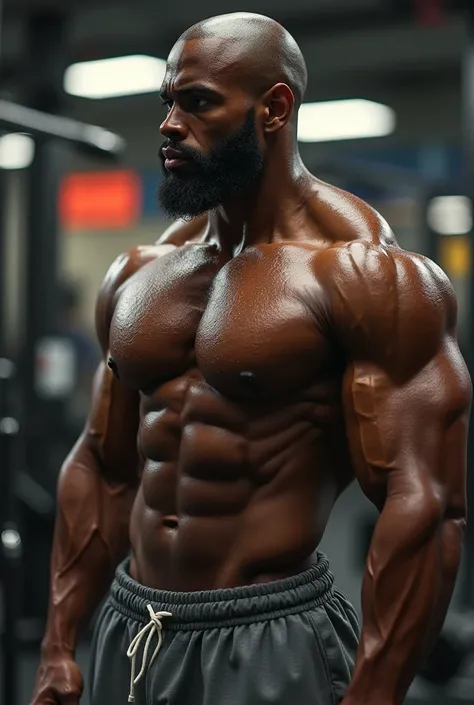 handsome black man , nsfw , Muscular , bodybuilder, veins , realistic, shaved hair , lumberjack beard,  shirtless , sweatpants with large volume in the private parts, sweating , training at the gym 