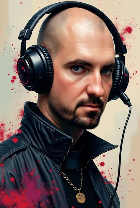 A portrait of a brutal bald guy, painted in the style of Dream Art, spots and splashes on a background of different colors, his head is shaved short, the portrait is painted with sweeping strokes of paint picturesquely, headphones with a microphone are on ...