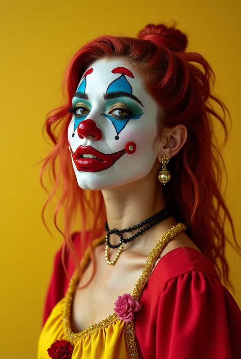 An Award-Winning Masterpiece for Vogue Fashion magazine, Sensual, Sexy, Desirable, Hot, Award-Winning Masterpiece,  a woman dressed as a sexy clown with mixed colored hair, in the style of magical girl, colorful Moebius, light yellow and dark crimson, penc...