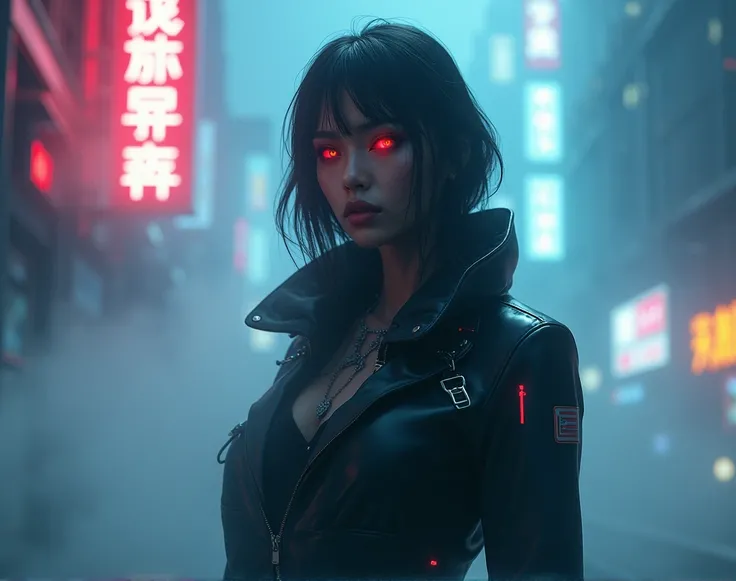 cyberpunk woman with fog in the background, full hd, atmosphere, cinematic