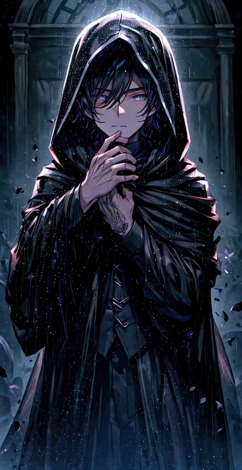 Rain of black petals on a dark night background, a hooded male figure of a boy (( beautiful face))