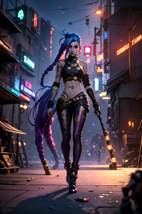 8k arcane style quality, digital drawing, jinx, league of legends, full body, in a cyberpunk city, masterpiece, rich colours, be...