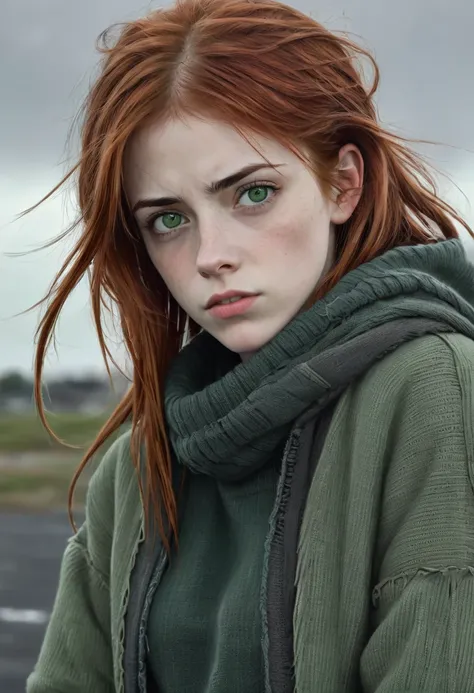 1 girl, solo, ragged jacket, green tones art, gray sky background, redhead, green eyes, eyebrow scar, long restnets, medium lips, half body, blank stare, dark gray sweater, crazy eyes, stalker videogame vibe,