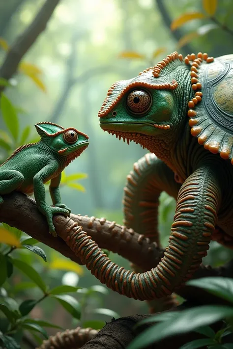 Create an ultra realistic image prompt of an octoise staring at a chameleon 