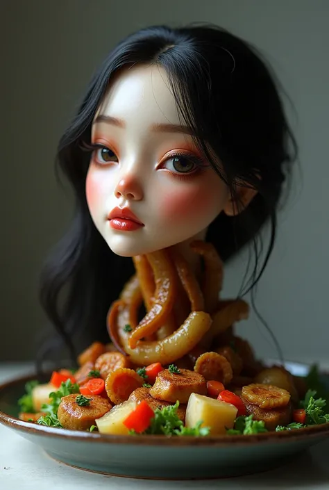  a piece of the head of a beautiful Indonesian woman with long hair that has been boiled into the main dinner menu is placed on a ceramic plate, surrounded by assorted vegetables 