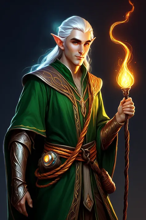 a male elf wizard ,  with a small cord with a stone that shines a faint fiery energy