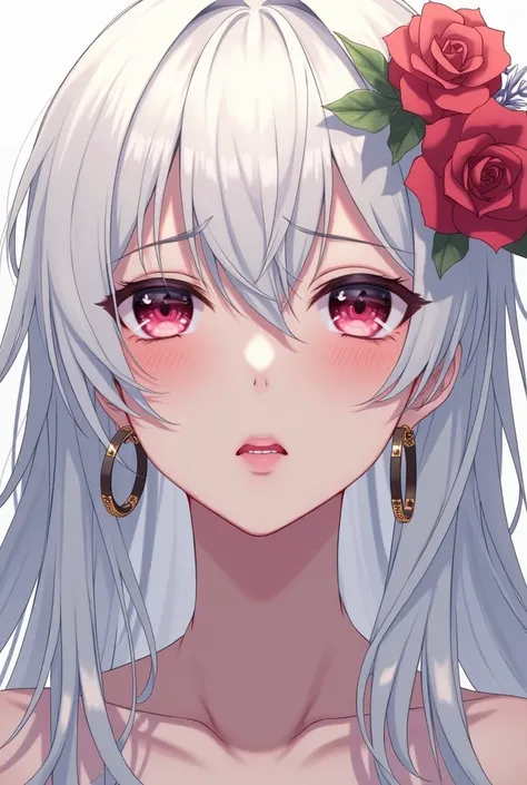 Long Hair, Very Long Hair, White Hair, Parted Bangs, Hoop Earrings, Serious, Red Lips, Sad, Close-Up, Hair Flower, Anime Style, Masterpiece, Anatomically Correct, 