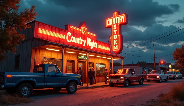 Exterior of a classic Honky Tonk, with a flashing neon sign reading Country Nights, pickup trucks parked out front, and people walking in with hats and boots, ready for a night of fun