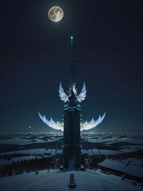 8k,masterpiece,Here, 150m above the ground, on a snowy Christmas night, a special giant nine-tailed fox that can fly is soaring majestically high into the sky, with a shrine maiden riding on its back. The moon looks large in the background.