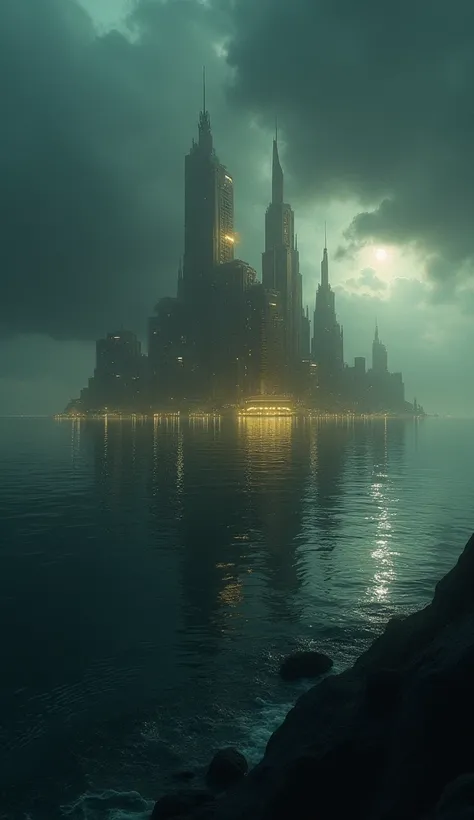 A dark and mysterious ocean at dusk ,  with an imaginary city sinking into water ,  surrounded by golden lights that represent an advanced civilization."