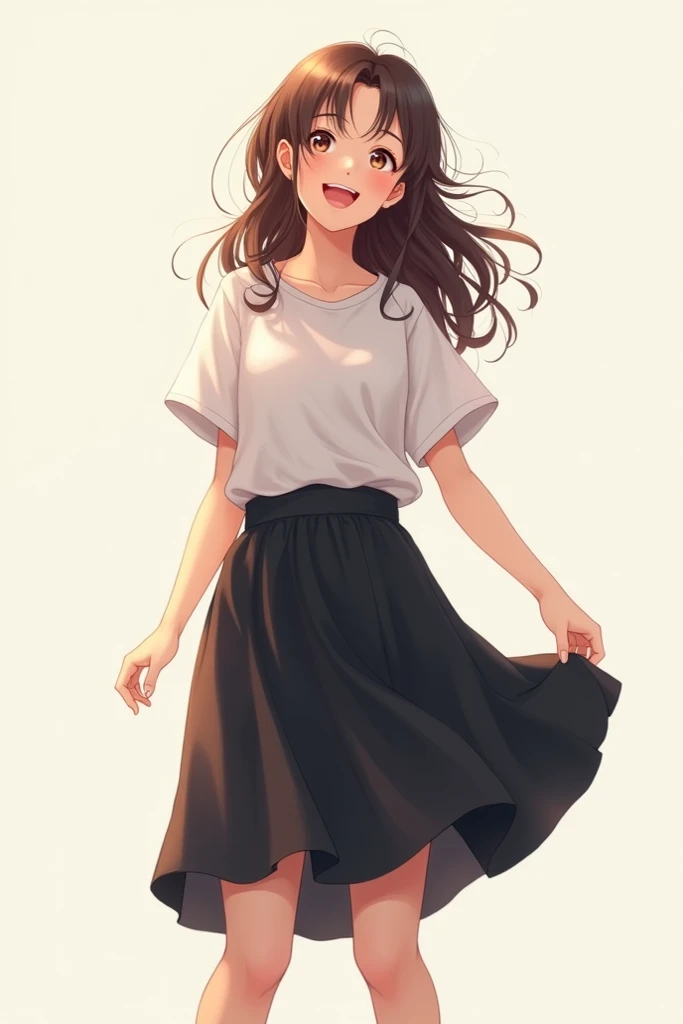 Draw me a very cute girl in a black long straight school uniform skirt who is so happy to be transgender from man to woman