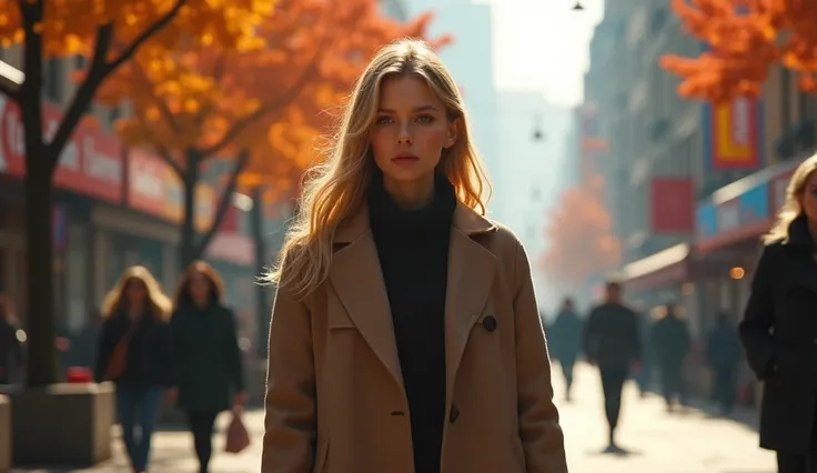 a girl in a full-length coat walks through the streets of an autumn city, blonde hair above her shoulders, looks at the camera. photorealism, high detail, cinematic