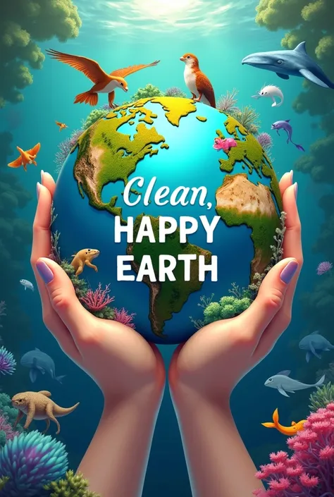 Earth day  hands holding it , all water spieces , green , 4 parts of water spieces, land animals , ice age animals, Mother Earth heart shaped. With clean earth happy earth across in the middle 

