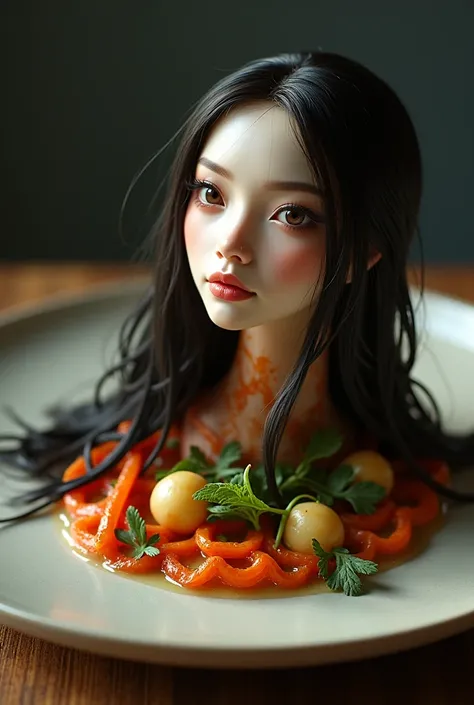  a piece of the head of a beautiful Indonesian woman with long hair that has been boiled into the main dinner menu is placed on a ceramic plate, surrounded by assorted vegetables 