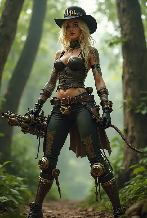 Une blonde habillée steampunk. Elle porte un chapeau steampunk avec marqué "BPT". Elle a des tatouages sur les bras. Elle a des jambe mecaniques. Elle est au milieu dune forêt. Elle tient à deux mains une arme steampunk