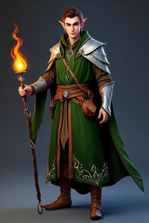 Medieval fantasy male elf , He is a wizard and he is wearing a cord with a small pendant with a small flaming stone
