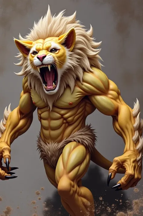 A fierce humanoid creature with feline features, resembling a hybrid between a lion and a human, standing in a powerful pose. The figure has sharp claws, muscular physique, and a fur-covered mane around the neck and shoulders. Its face is expressive with p...