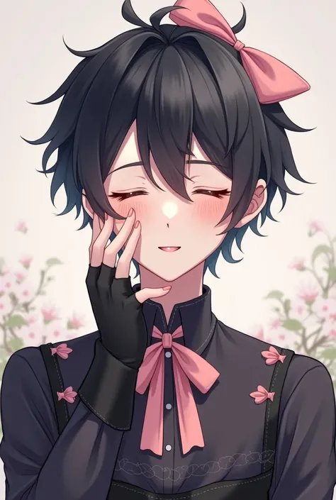  I want a white-skinned character with messy black hair and who has a nice pastel pink bow on his head, that has my eyes closed but with a beautiful expression with a nice smile ,That I have a black shirt with a pink bow on the collar of the shirt , that t...