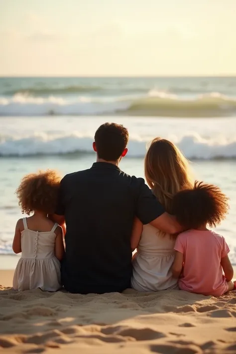 A father in black and his wife and his two curly-haired daughters were sitting on the beachfront enjoying the view of the beach