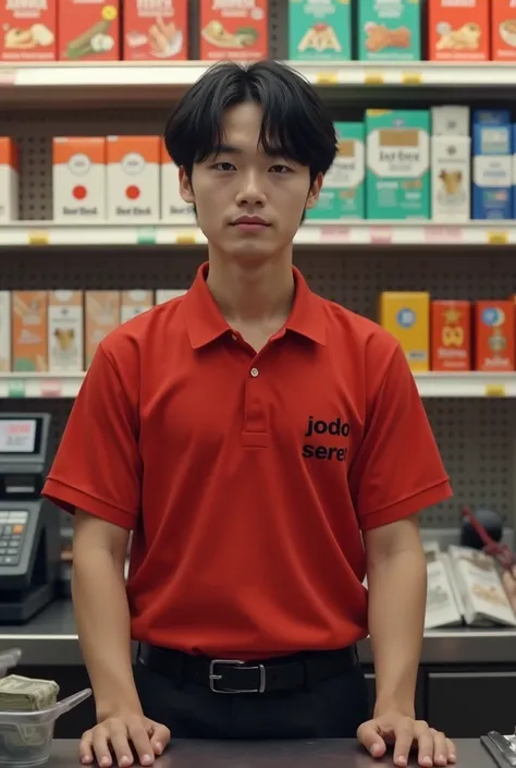 Japanese man, 20 years old, has neat long hair with bangs parted in two,A red polo shirt like a supermarket cashier It says (Jodo Seret),Black formal trousers,Front view, zoom camera,(Standing behind) the supermarket cash register,The background of many ci...